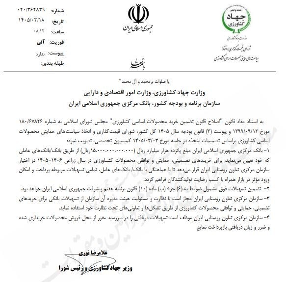 خط اعتباری 1500 میلیارد تومانی بانک مرکزی برای خرید محصولات کشاورزی